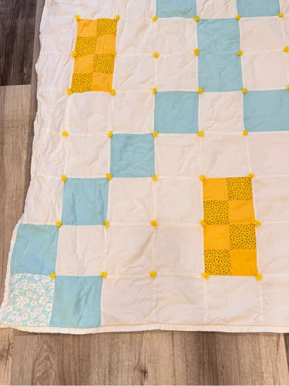 Vintage Handmade Patchwork Quilt White, Blue & Yellow Tattered Country